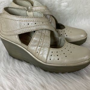 Fly London Yepe Gold Metallic Leather Cross Strap Mary Janes Platform Wedges
